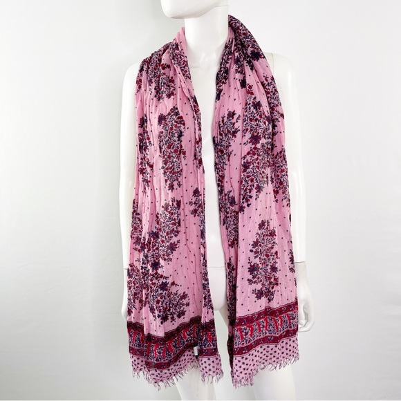 Madewell Women's Pink Floral Fringe Scarf Linen Viscose Multicolor 27 x 78 - Picture 4 of 6